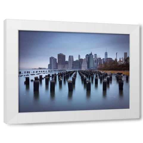 Lower Manhattan Skyline with pier pilings in east river, New York, USA White Modern Wood Framed Art Print by Frank, Assaf