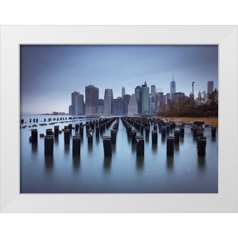 Lower Manhattan Skyline with pier pilings in east river, New York, USA White Modern Wood Framed Art Print by Frank, Assaf