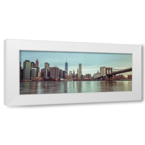 Lower Manhattan skyline with Brooklyn Bridge, New York White Modern Wood Framed Art Print by Frank, Assaf