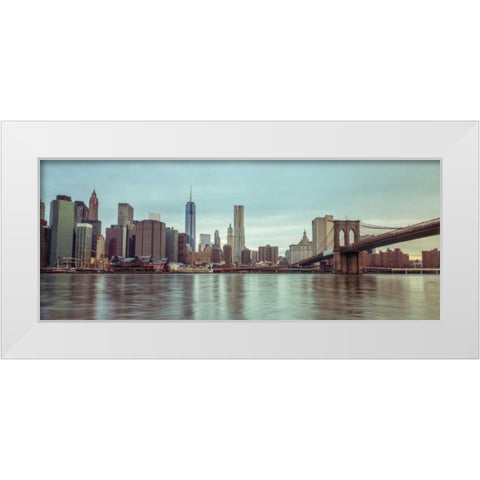 Lower Manhattan skyline with Brooklyn Bridge, New York White Modern Wood Framed Art Print by Frank, Assaf