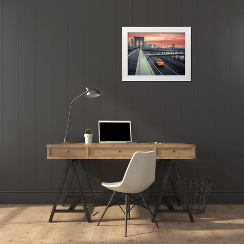 Cab on brooklyn bridge, Manhattan, New York White Modern Wood Framed Art Print by Frank, Assaf