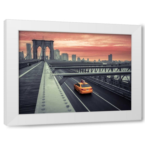 Cab on brooklyn bridge, Manhattan, New York White Modern Wood Framed Art Print by Frank, Assaf