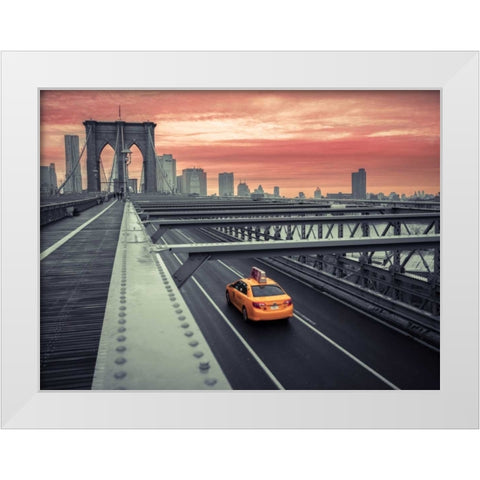 Cab on brooklyn bridge, Manhattan, New York White Modern Wood Framed Art Print by Frank, Assaf