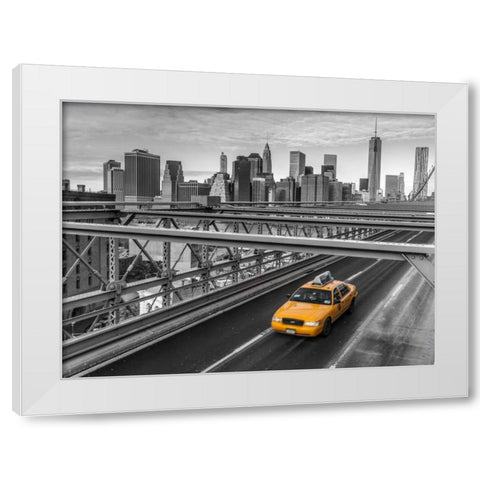 Taxi on Brooklyn Bridge, New York White Modern Wood Framed Art Print by Frank, Assaf