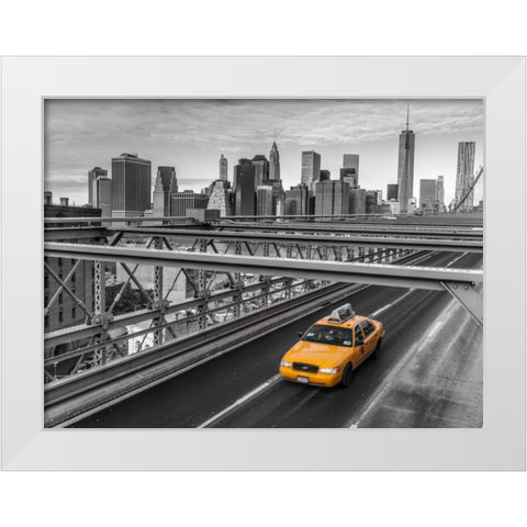Taxi on Brooklyn Bridge, New York White Modern Wood Framed Art Print by Frank, Assaf