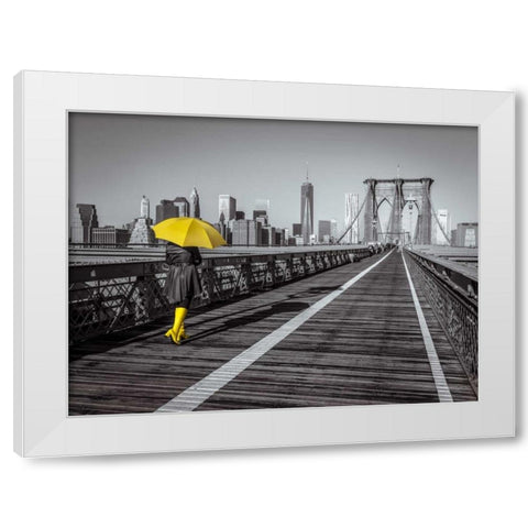 Female tourist with umbrella taking a walk on pedestrian walkway on Brooklyn bridge, New York White Modern Wood Framed Art Print by Frank, Assaf