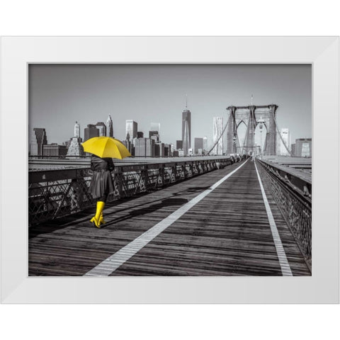 Female tourist with umbrella taking a walk on pedestrian walkway on Brooklyn bridge, New York White Modern Wood Framed Art Print by Frank, Assaf