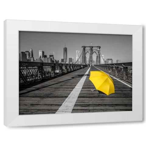 Yellow umbrella on pedestrian walkway on Brooklyn bridge, New York White Modern Wood Framed Art Print by Frank, Assaf