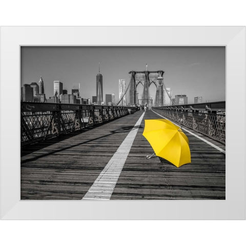 Yellow umbrella on pedestrian walkway on Brooklyn bridge, New York White Modern Wood Framed Art Print by Frank, Assaf