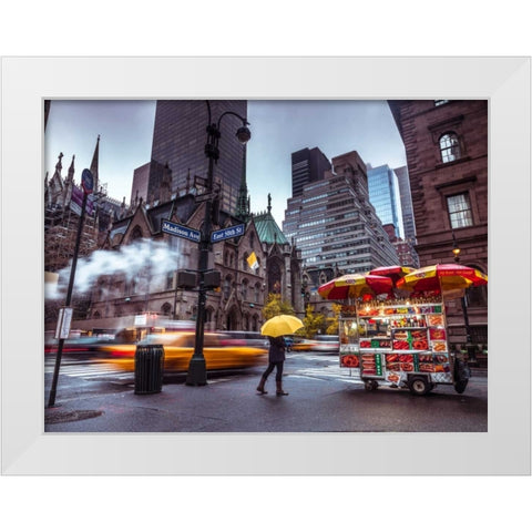 Tourist with umbrella on streets of Lower Manhattan, New York White Modern Wood Framed Art Print by Frank, Assaf