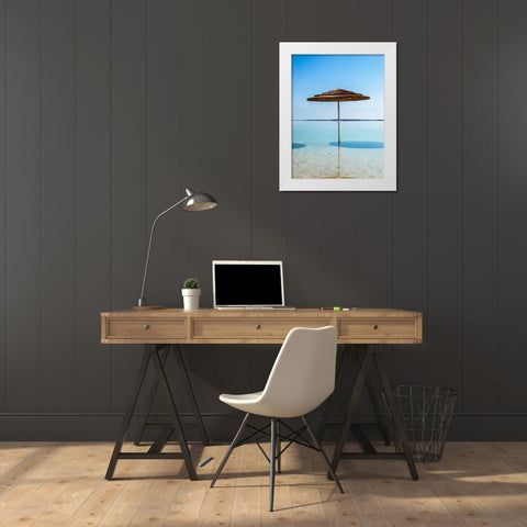 Bathing canopy on the beach on the Dead Sea, Israel White Modern Wood Framed Art Print by Frank, Assaf