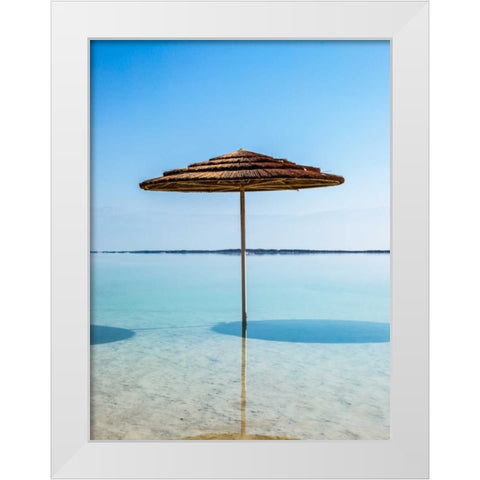 Bathing canopy on the beach on the Dead Sea, Israel White Modern Wood Framed Art Print by Frank, Assaf