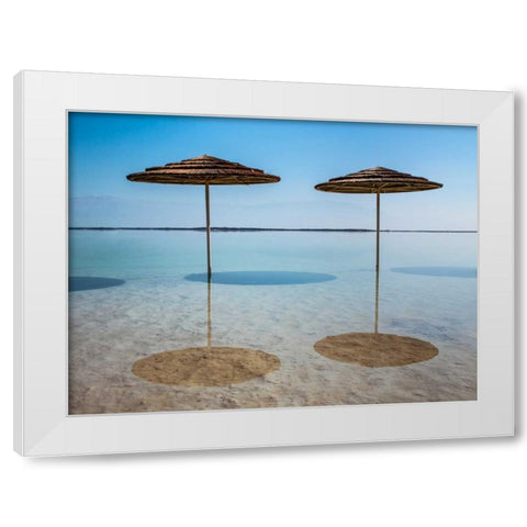 Bathing canopy on the beach on the Dead Sea, Israel White Modern Wood Framed Art Print by Frank, Assaf