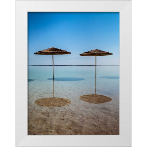 Bathing canopy on the beach on the Dead Sea, Israel White Modern Wood Framed Art Print by Frank, Assaf