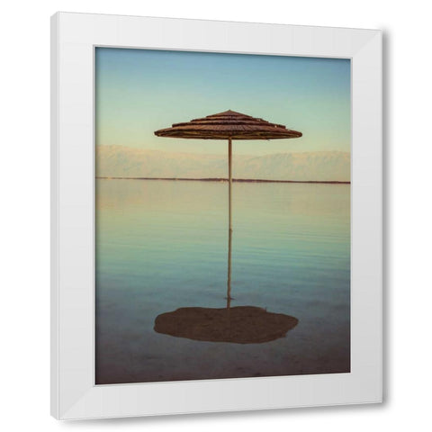 Parasol on beach of Dead Sea, Israel White Modern Wood Framed Art Print by Frank, Assaf