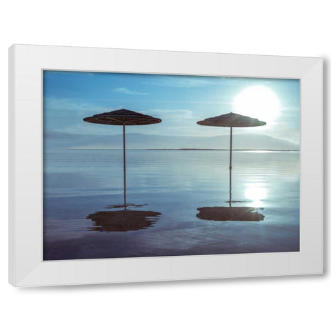 Parasol on Dead sea, Israel White Modern Wood Framed Art Print by Frank, Assaf