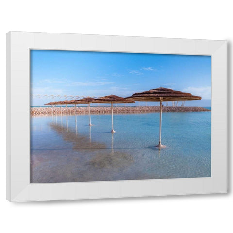 Parasol on Dead sea, Israel White Modern Wood Framed Art Print by Frank, Assaf