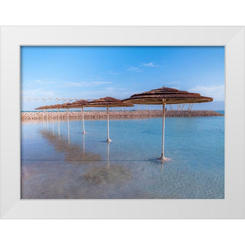 Parasol on Dead sea, Israel White Modern Wood Framed Art Print by Frank, Assaf