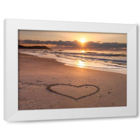 Heart shape drawn on sand at the beach White Modern Wood Framed Art Print by Frank, Assaf