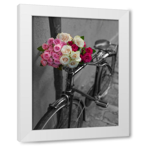 Bunch of Roses on bicycle, Paris, France White Modern Wood Framed Art Print by Frank, Assaf