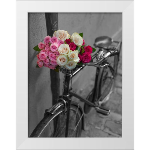 Bunch of Roses on bicycle, Paris, France White Modern Wood Framed Art Print by Frank, Assaf