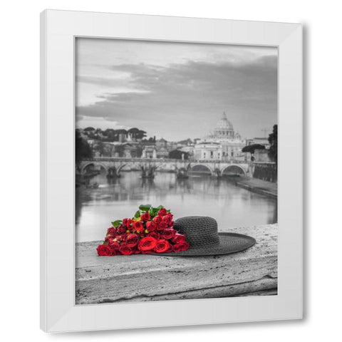 Hat and bunch of roses on bridge with Basilica di San Pietro in Vatican, Rome, Italy White Modern Wood Framed Art Print by Frank, Assaf