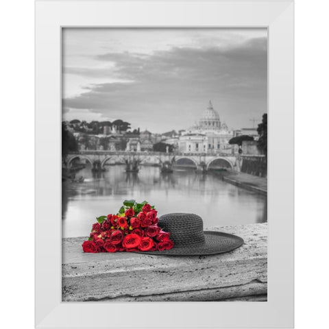 Hat and bunch of roses on bridge with Basilica di San Pietro in Vatican, Rome, Italy White Modern Wood Framed Art Print by Frank, Assaf