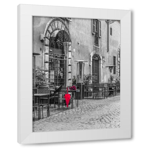 Red umbrella with female hat and bunch of roses on cafe table, Rome, Italy White Modern Wood Framed Art Print by Frank, Assaf