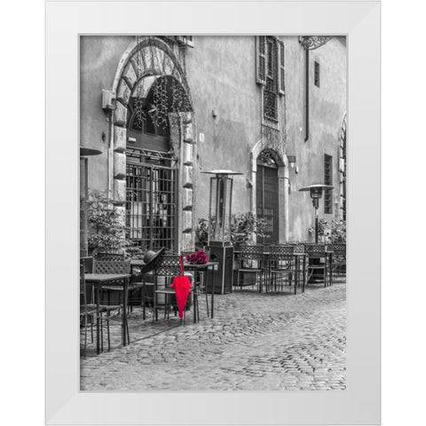 Red umbrella with female hat and bunch of roses on cafe table, Rome, Italy White Modern Wood Framed Art Print by Frank, Assaf