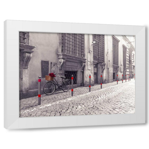 Bunch of roses on bicycle on old city street of Rome White Modern Wood Framed Art Print by Frank, Assaf