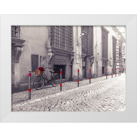 Bunch of roses on bicycle on old city street of Rome White Modern Wood Framed Art Print by Frank, Assaf
