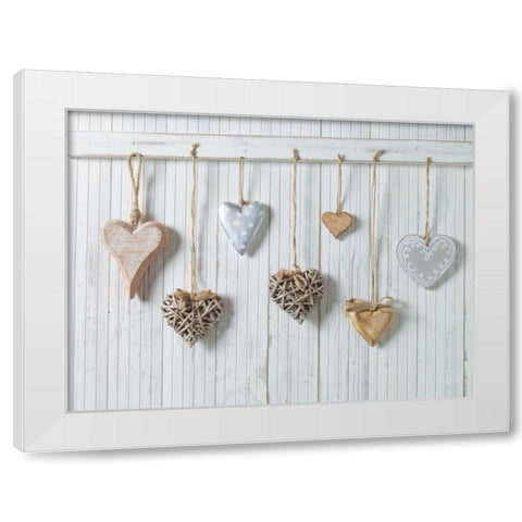 Hearts hanging on wooden background White Modern Wood Framed Art Print by Frank, Assaf