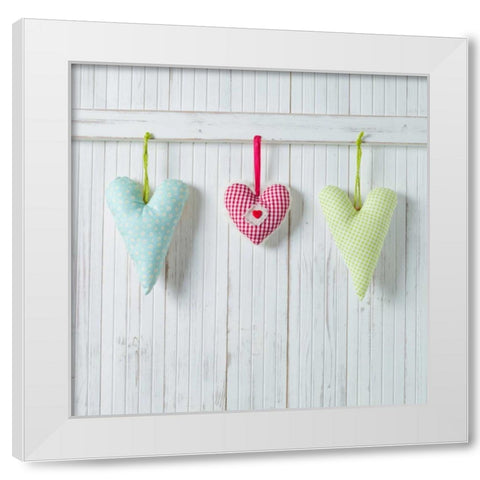 Hearts hanging on wooden background White Modern Wood Framed Art Print by Frank, Assaf