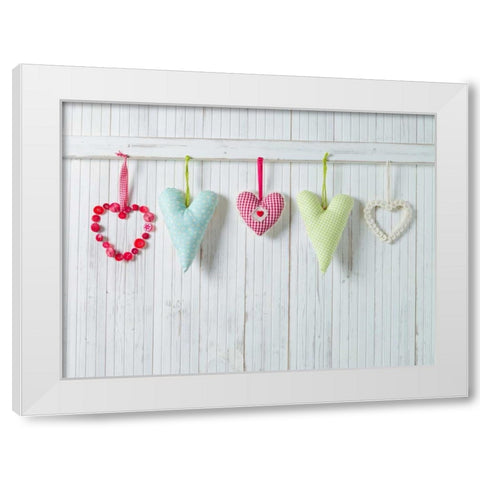 Hearts hanging on wooden background White Modern Wood Framed Art Print by Frank, Assaf