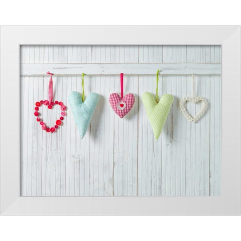 Hearts hanging on wooden background White Modern Wood Framed Art Print by Frank, Assaf