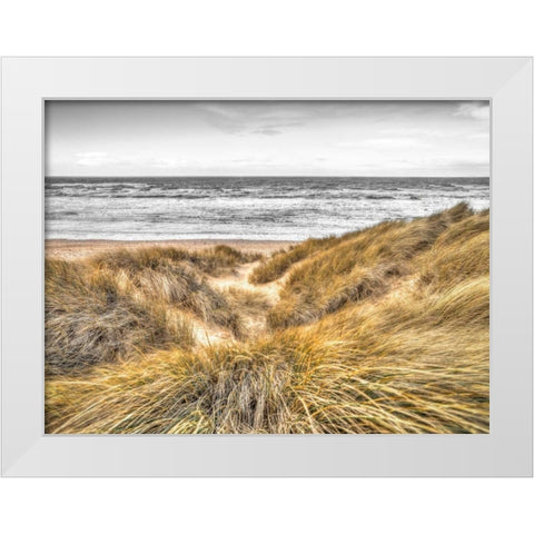 Tranquil beach with grass, Blackpool, UK White Modern Wood Framed Art Print by Frank, Assaf