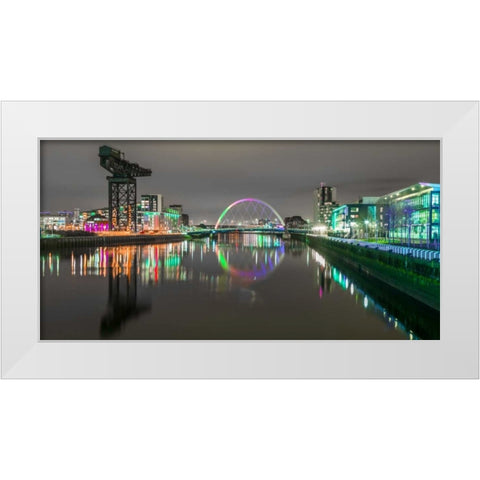 View along the river Clyde at night, Glasgow White Modern Wood Framed Art Print by Frank, Assaf