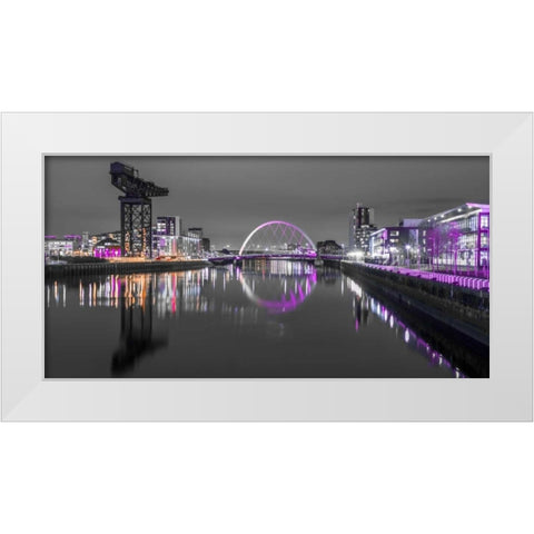 View along the river Clyde at night, Glasgow White Modern Wood Framed Art Print by Frank, Assaf