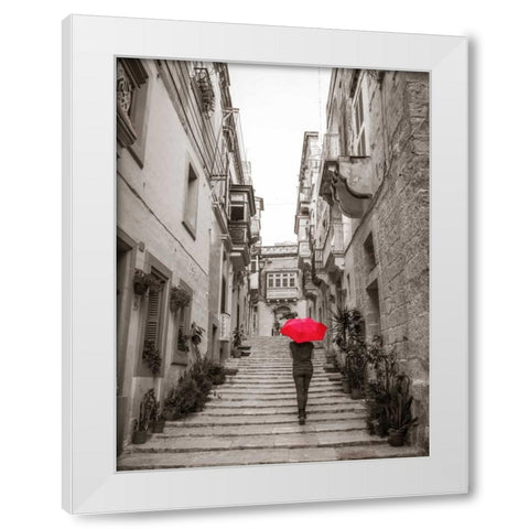 Tourist with umbrella in steps through houses in Birgu, Malta White Modern Wood Framed Art Print by Frank, Assaf