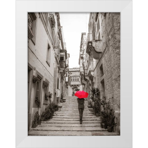 Tourist with umbrella in steps through houses in Birgu, Malta White Modern Wood Framed Art Print by Frank, Assaf