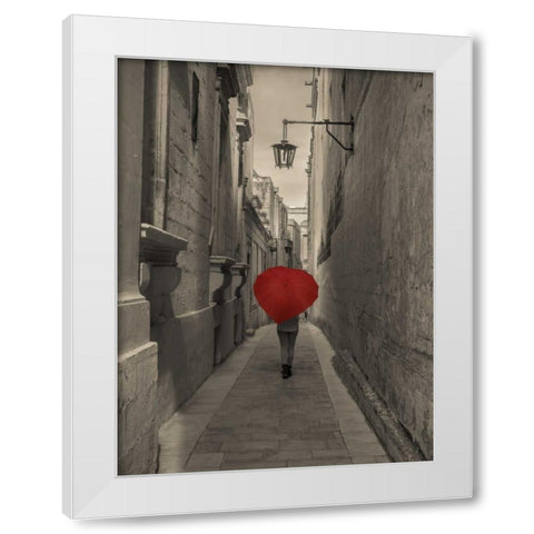 Tourist with heart shaped umbrella walking through narrow street of Mdina, Malta White Modern Wood Framed Art Print by Frank, Assaf