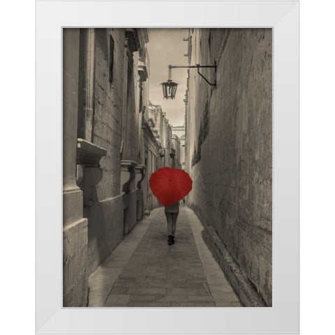 Tourist with heart shaped umbrella walking through narrow street of Mdina, Malta White Modern Wood Framed Art Print by Frank, Assaf
