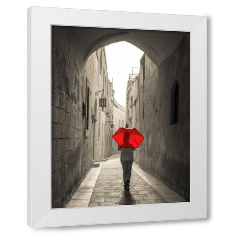Tourist with umbrella walking through narrow street in Mdina, Malta White Modern Wood Framed Art Print by Frank, Assaf