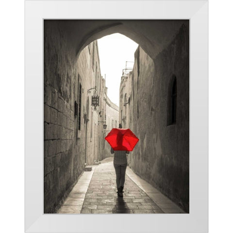 Tourist with umbrella walking through narrow street in Mdina, Malta White Modern Wood Framed Art Print by Frank, Assaf