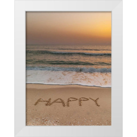 Sand writing - Word Happy written on beach White Modern Wood Framed Art Print by Frank, Assaf