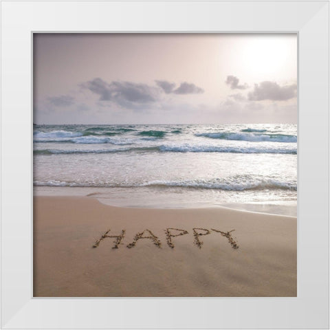 Sand writing - Word Happy written on beach White Modern Wood Framed Art Print by Frank, Assaf