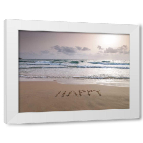 Sand writing - Word Happy written on beach White Modern Wood Framed Art Print by Frank, Assaf