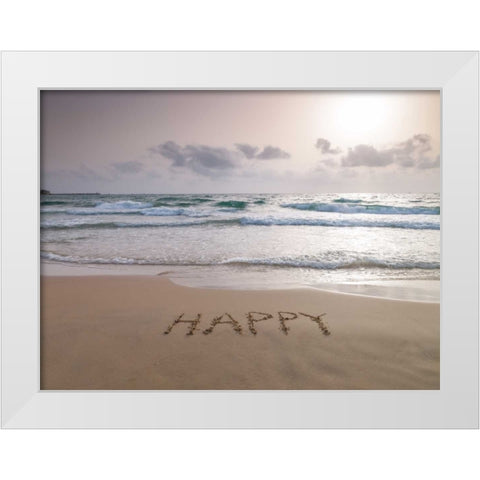 Sand writing - Word Happy written on beach White Modern Wood Framed Art Print by Frank, Assaf