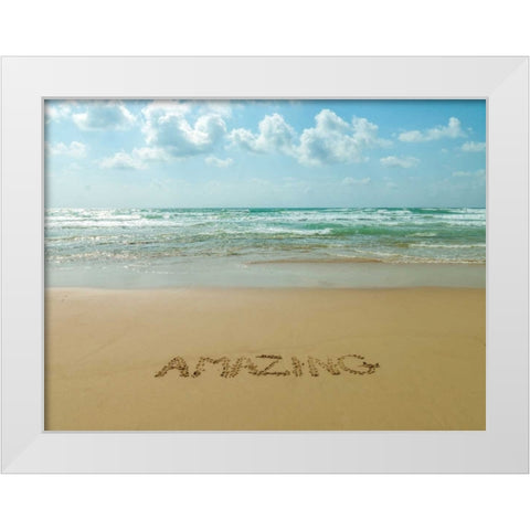 Word Amazing written in sand on the beach White Modern Wood Framed Art Print by Frank, Assaf