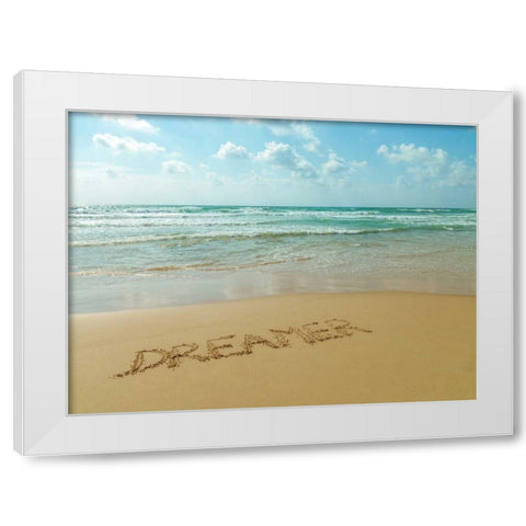 Word Dreamer written in sand on the beach White Modern Wood Framed Art Print by Frank, Assaf